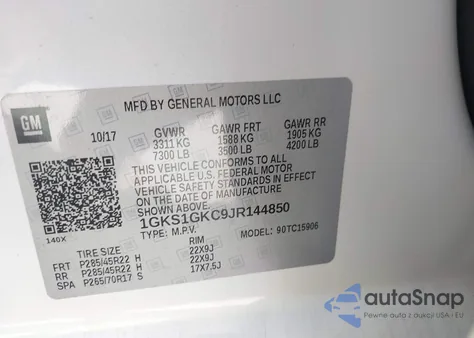 2018 GMC Yukon Xl Slt z USA, uszkodzony, nr VIN 1GKS1GKC9JR144850